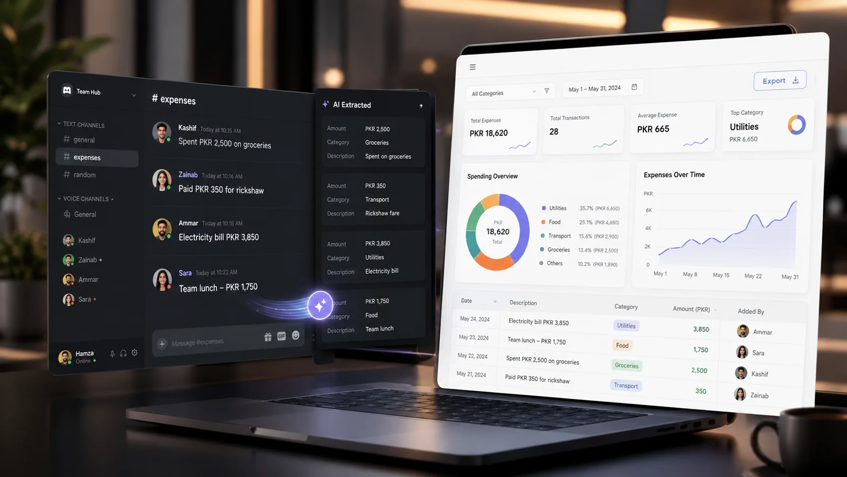 AI expense tracking platform showing transaction categories, spending analytics, and financial reporting.