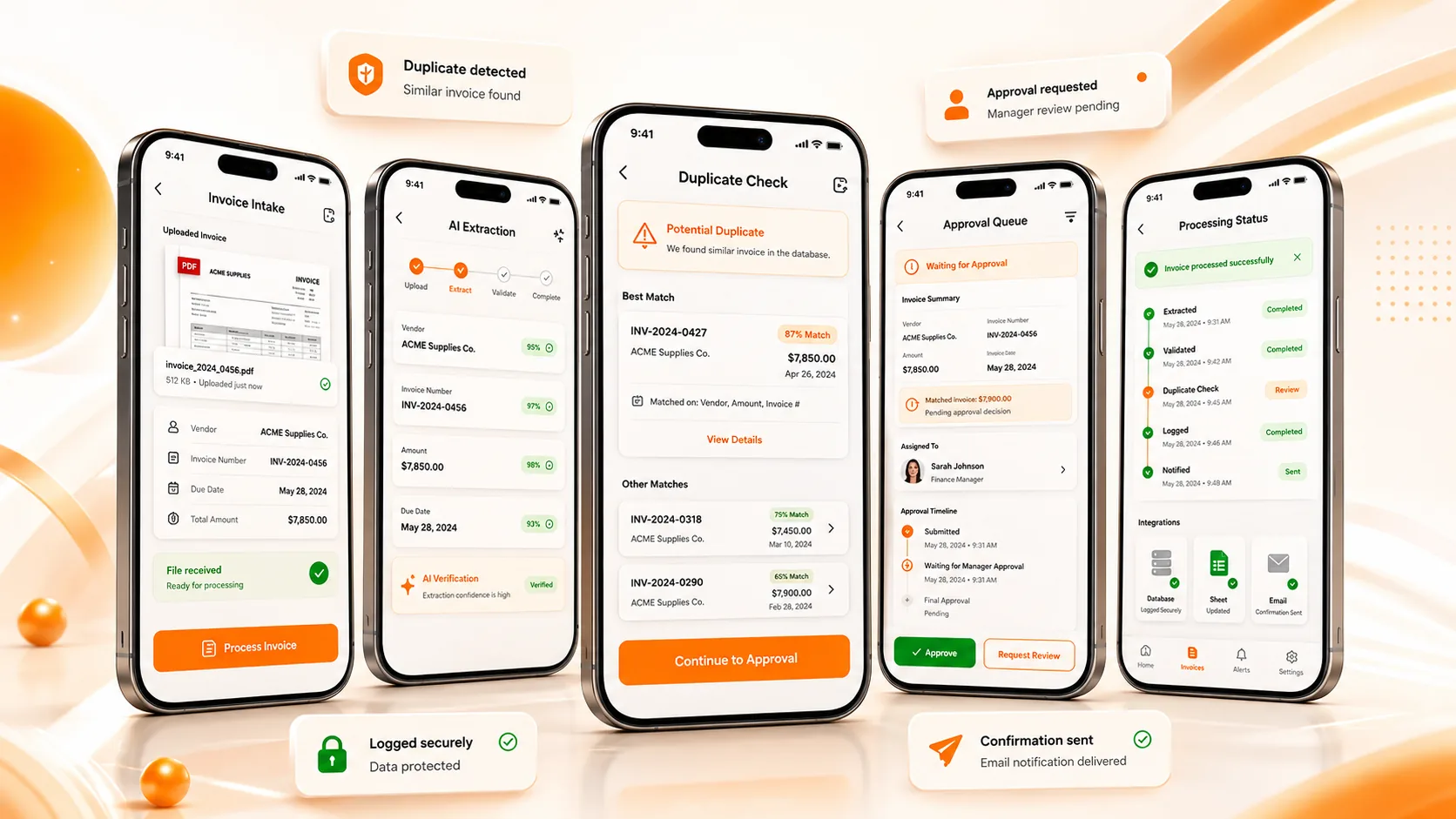 AI invoice processing agent showing mobile document capture, invoice review, and approval status screens.