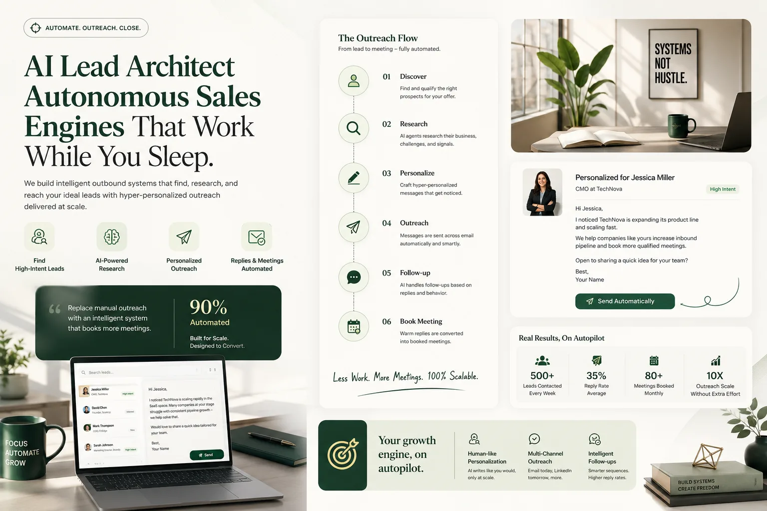 AI Lead Architect dashboard showing prospect research, personalized outreach, and lead activity management.