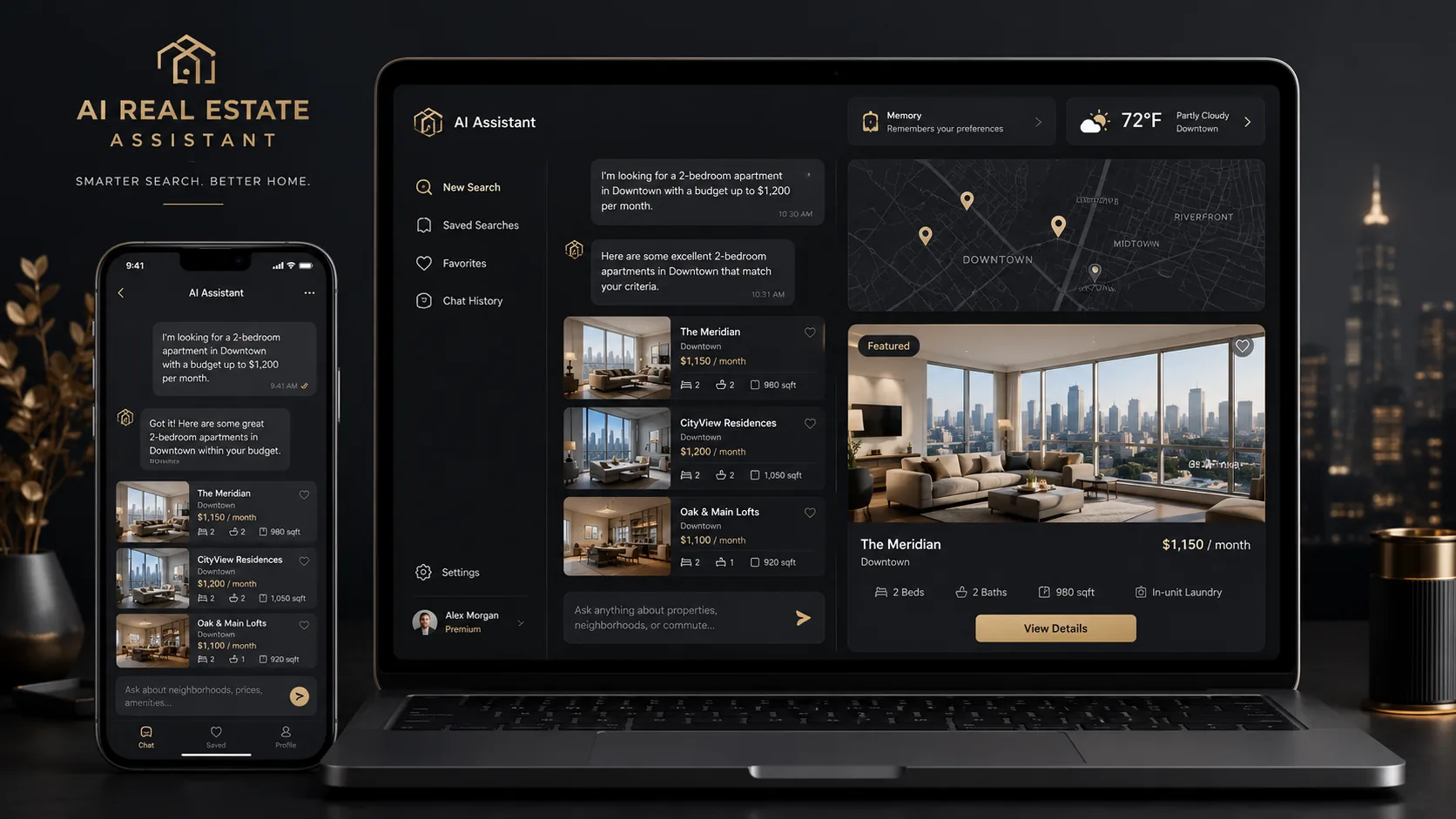 AI real estate assistant showing conversational property search, listing recommendations, and property details.