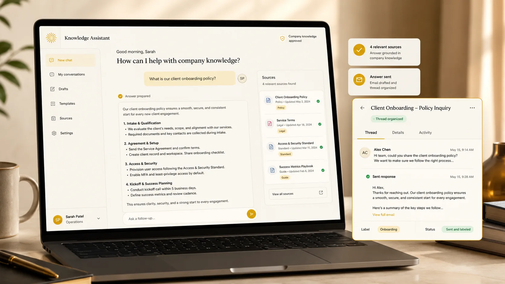Business knowledge assistant showing internal questions, grounded answers, and supporting company sources.