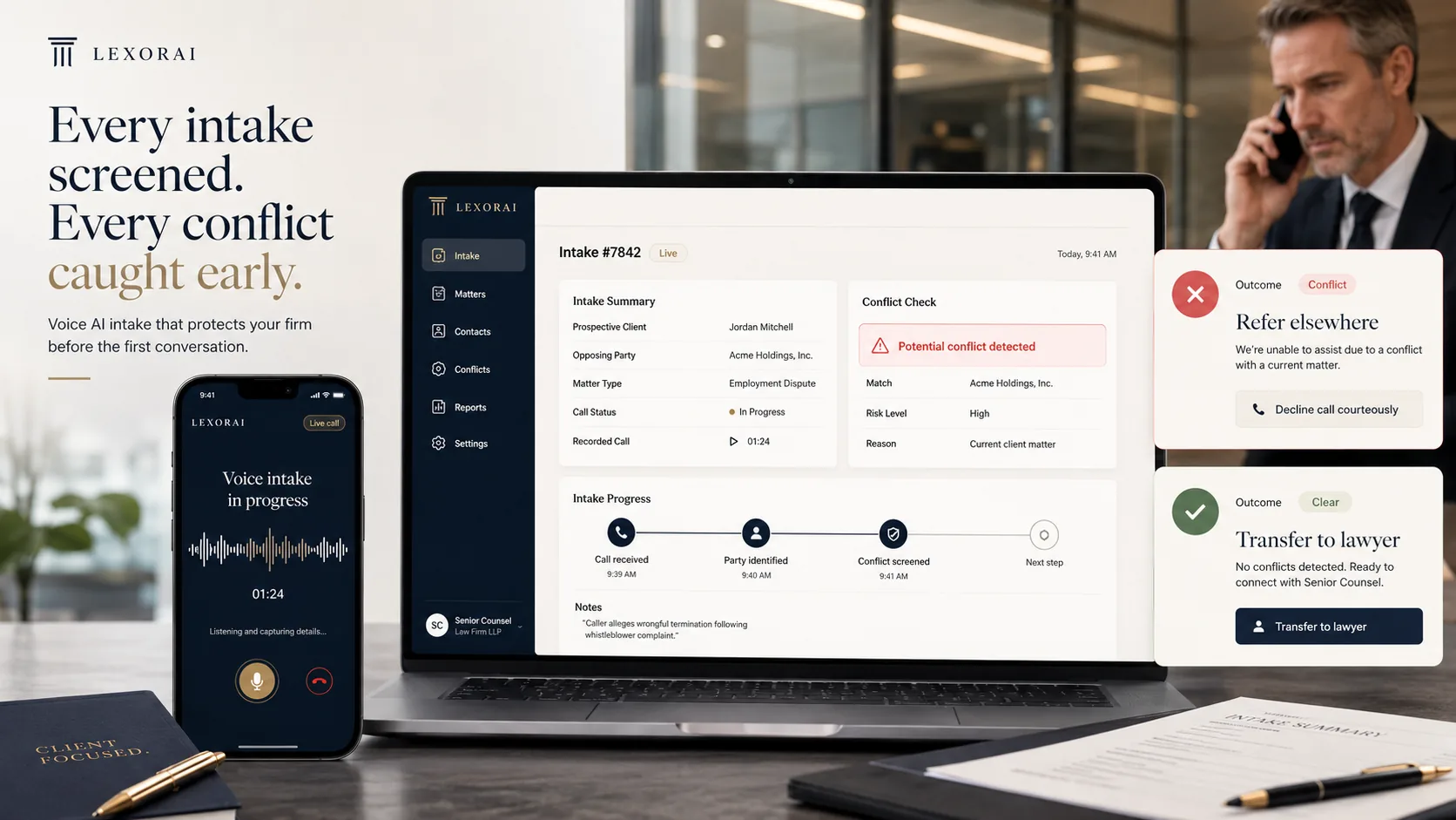 LexorAI legal intake system showing client details, matter information, and preliminary conflict screening.