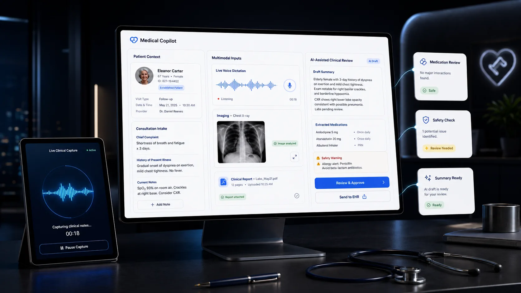 Medical Copilot clinical workspace showing consultation notes, voice capture, medical imaging, and medication review.