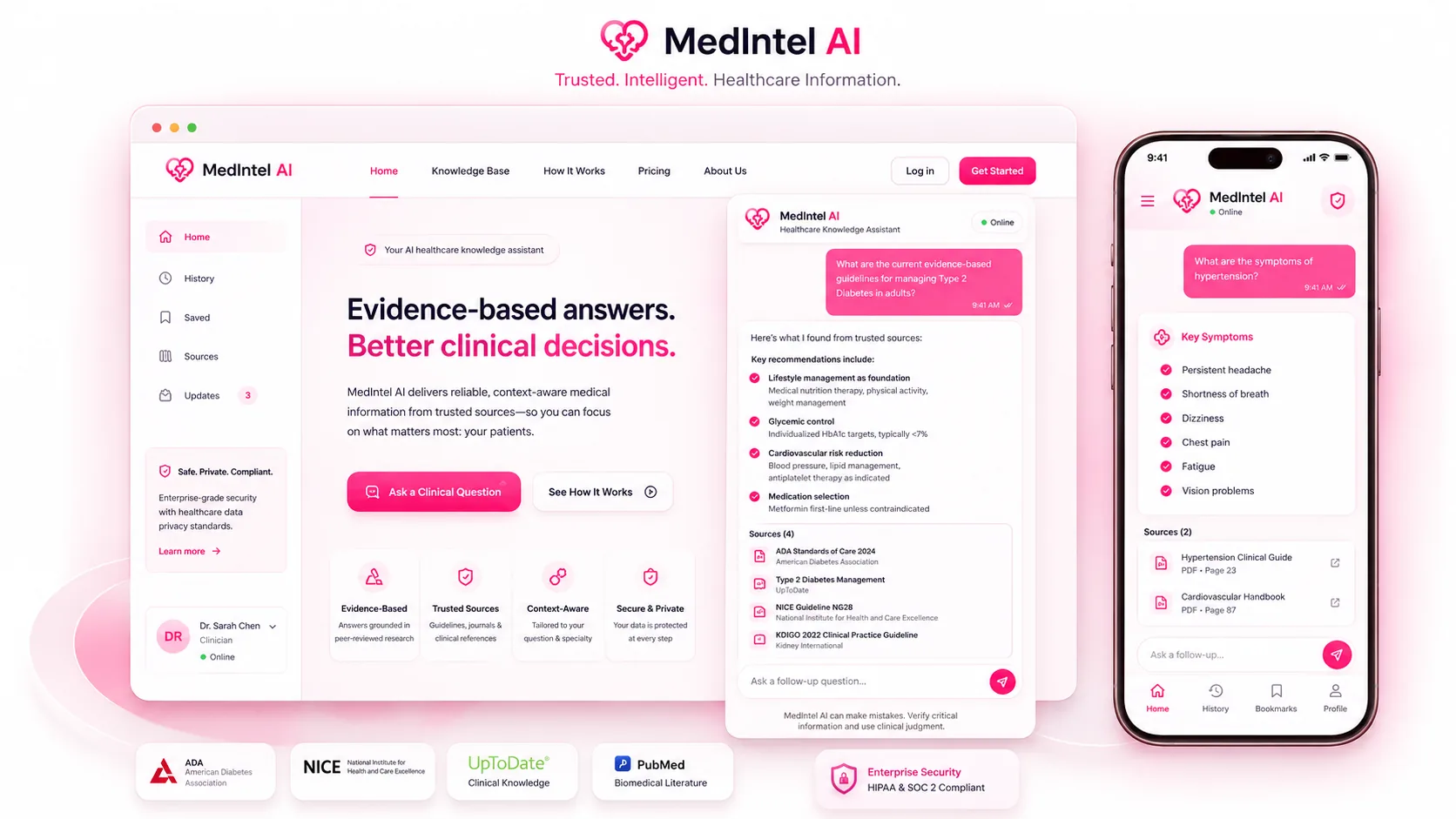 MedIntel AI healthcare knowledge assistant showing medical questions, source context, and organized answers.