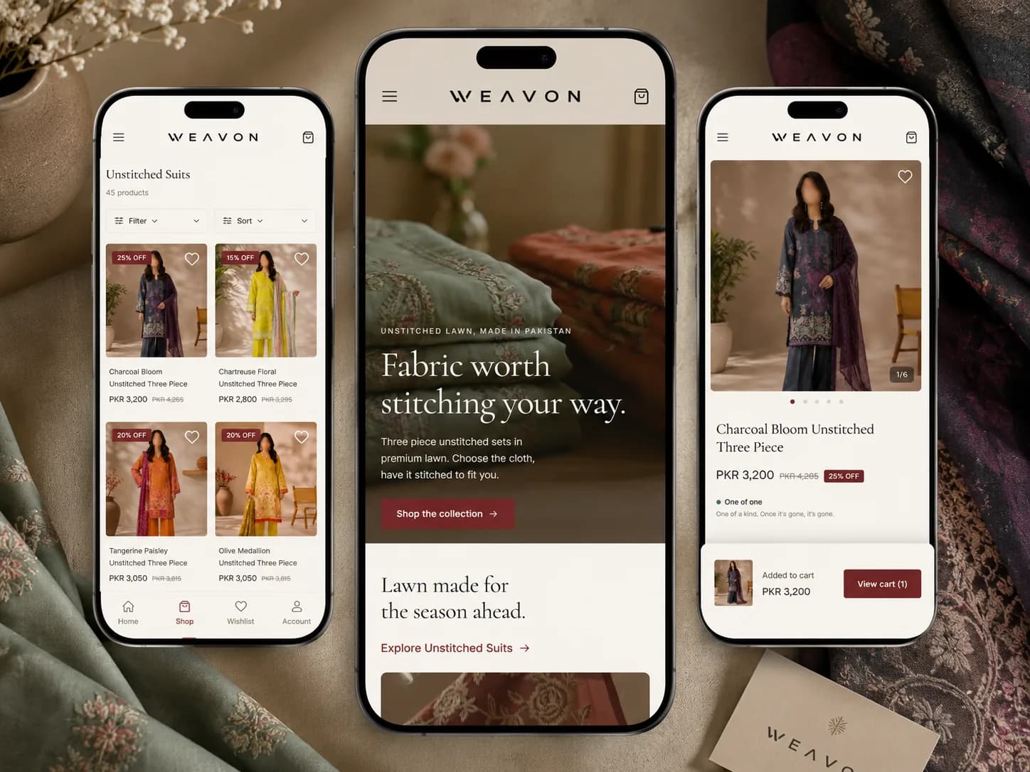 Weavon fashion e-commerce experience showing editorial collections, product discovery, and mobile shopping screens.